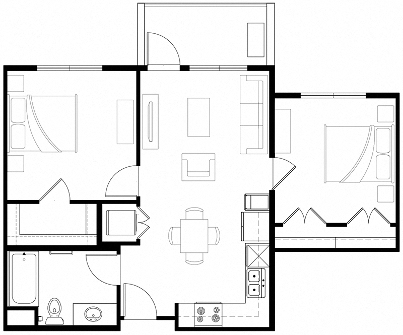 Floor plan for 2 beds, 1 bath, 755 sqft